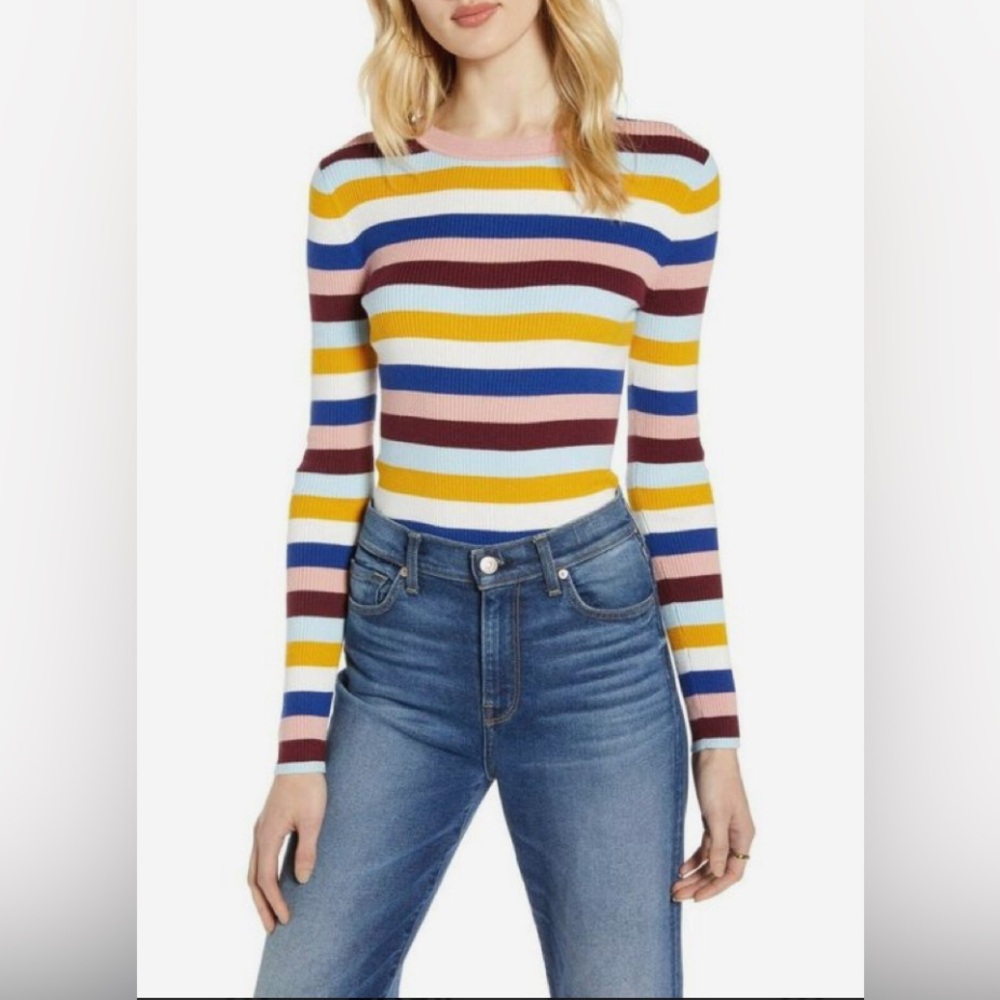 Halogen Multi Colored  Cotton Blend Crew Neck Long Sleeve Sweater Size Large